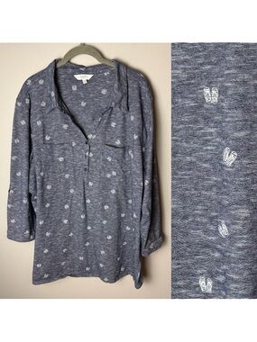 Coral Bay Top Plus Size 3X Blue White Flip Flop Print 3/4 Roll-Tab Sleeve Cotton
